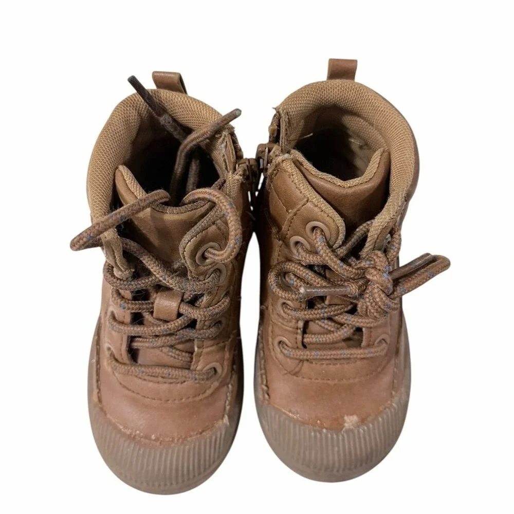 Cat & Jack‎ Boots Brown Faux Leather Lace Up Side Zip Toddler Kids Sz 7